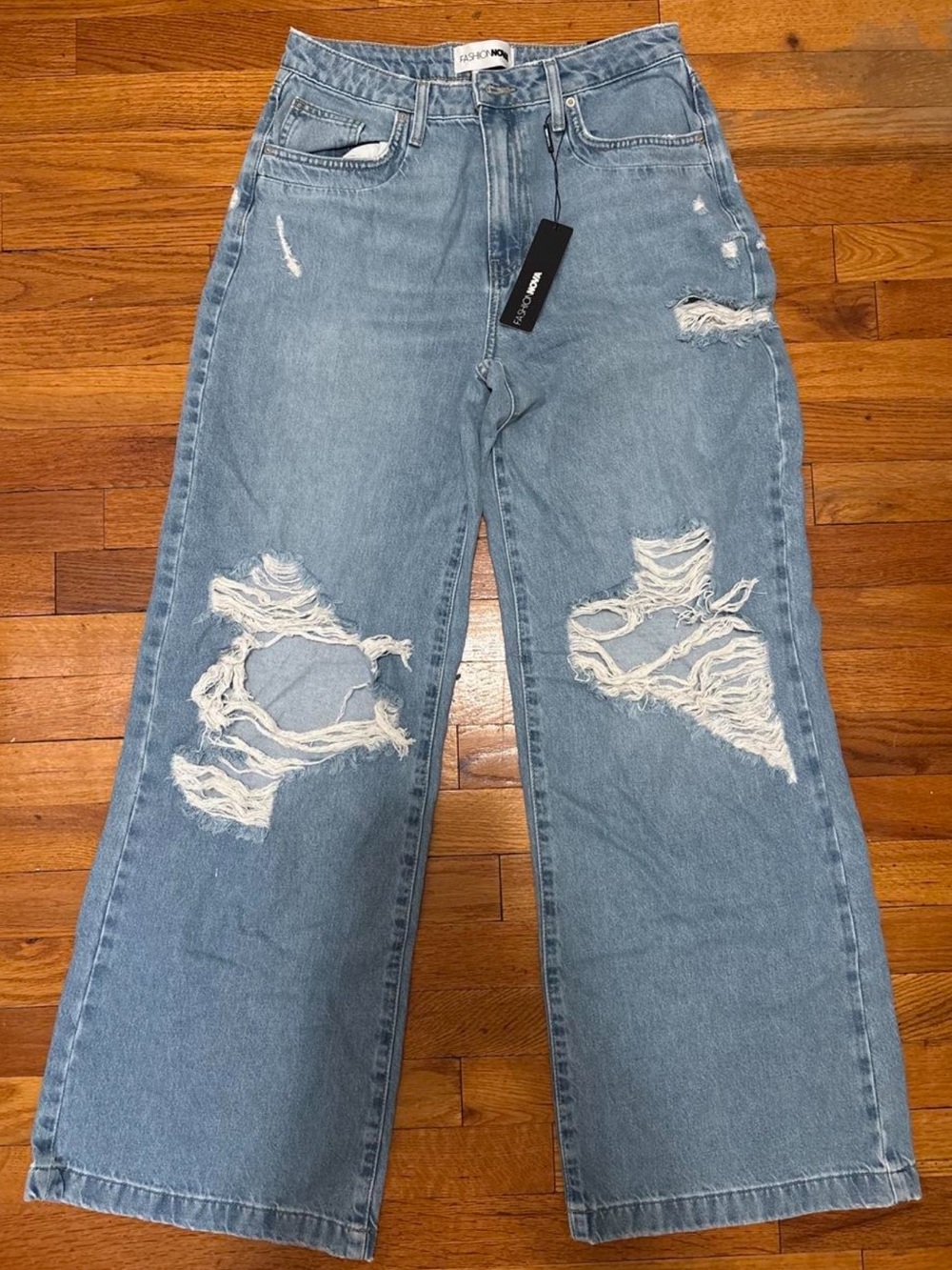 Fashion Nova Light Blue Distressed Wide-Leg Jeans